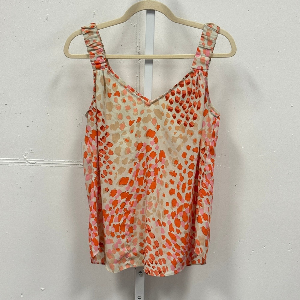 Cabi Fierce Tank Top XS Orange Pink Animal Print Ruched Strap V-Neck Blouse 8029